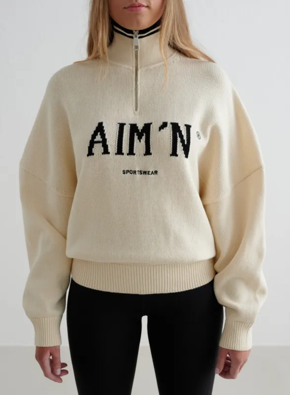 Almond White College Knitted Half Zip sold by Aimn