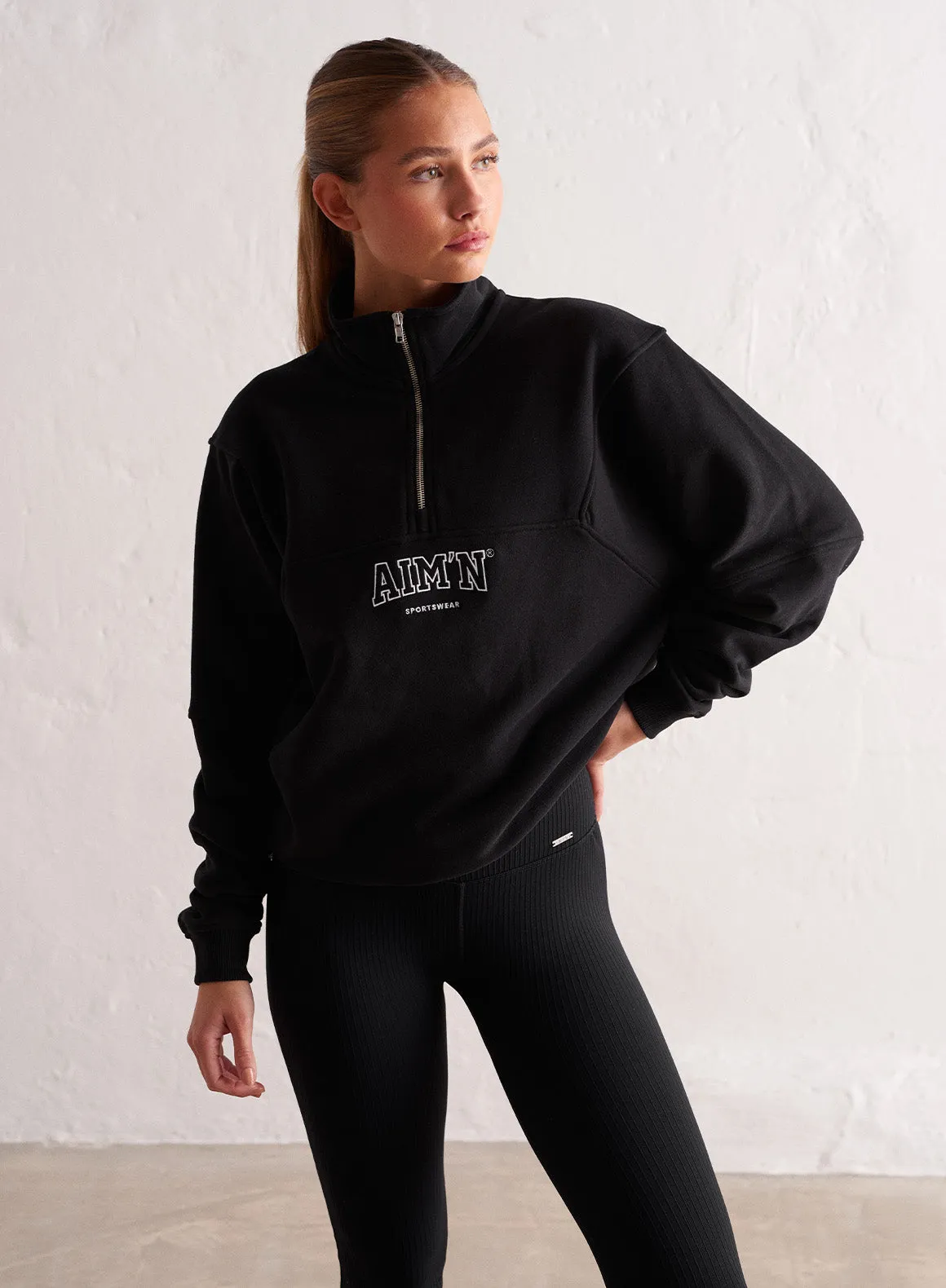 Black College Sweat Half Zip sold by Aimn