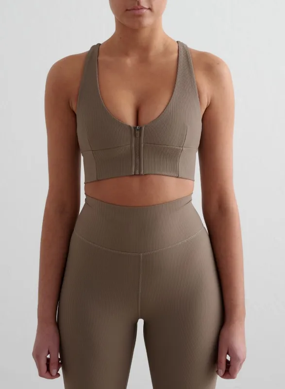 Nougat Ribbed Performance Zipped Bra sold by Aimn