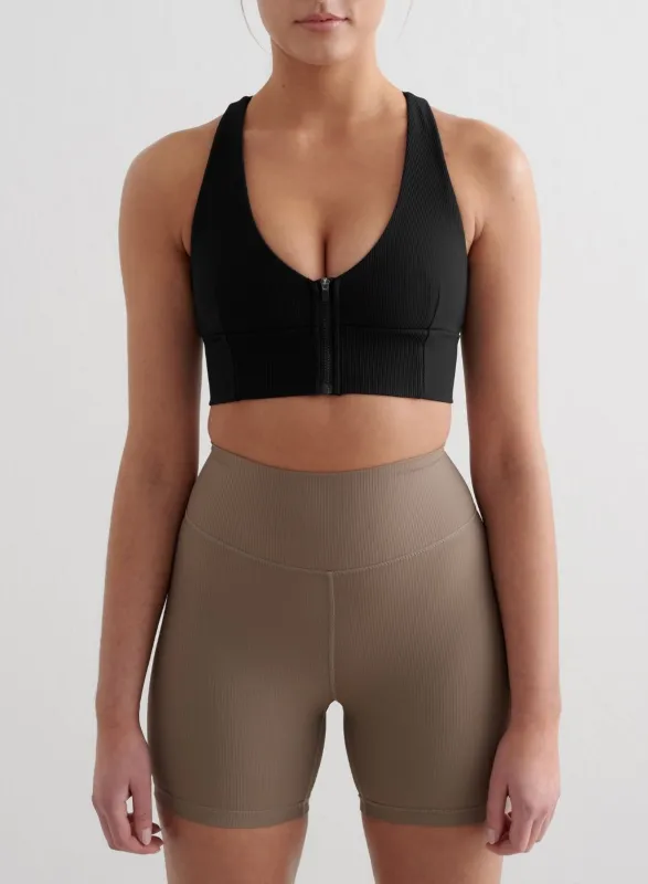 Black Ribbed Performance Zipped Bra sold by Aimn