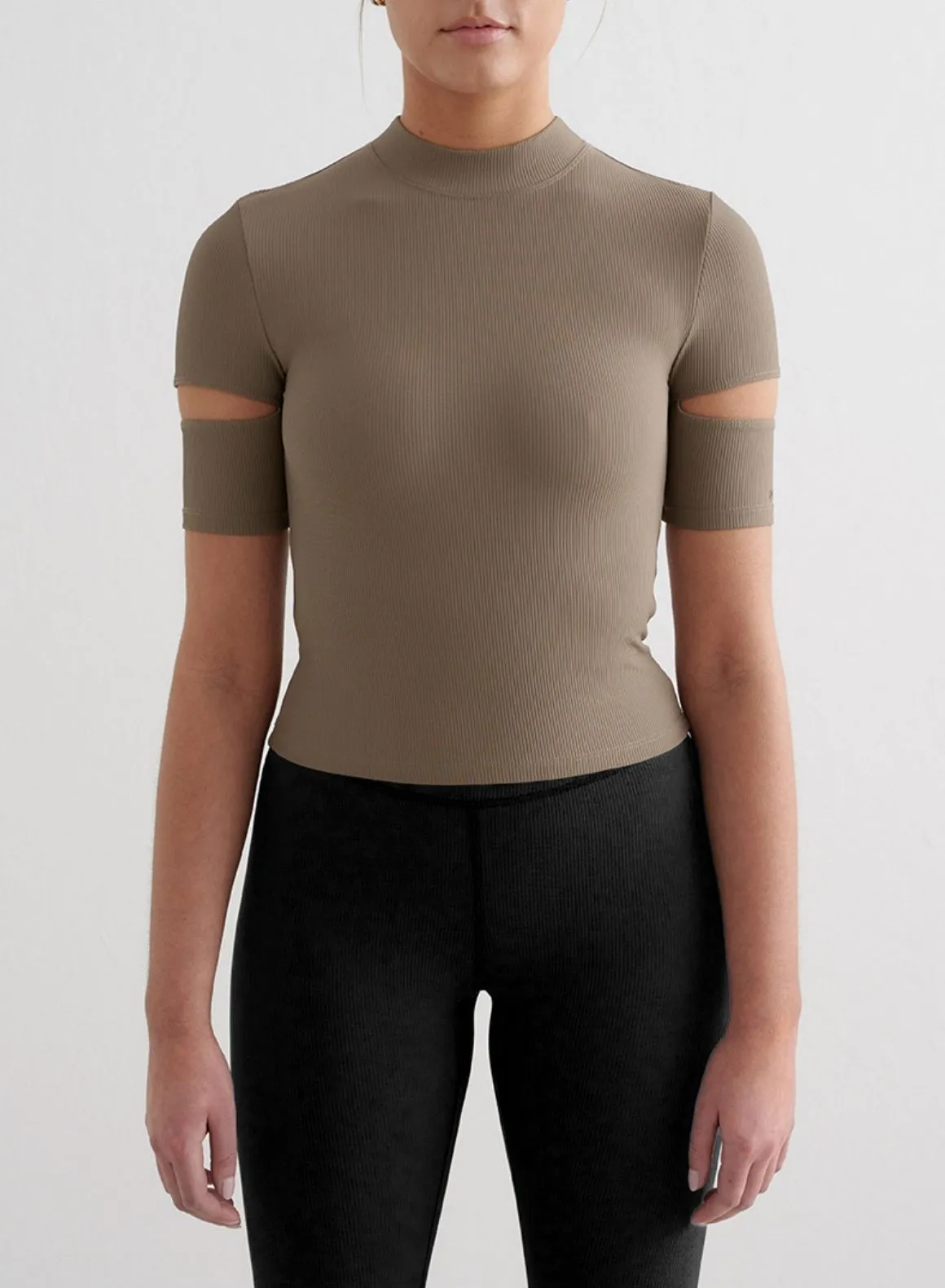 Nougat Ribbed Performance Cut-Out Top sold by Aimn
