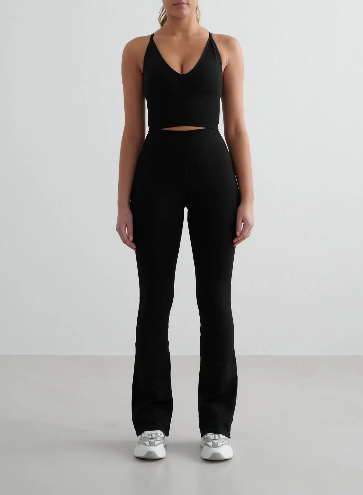 Black Shape Seamless Flare Tights & Cross Back Bralette Set sold by Aimn