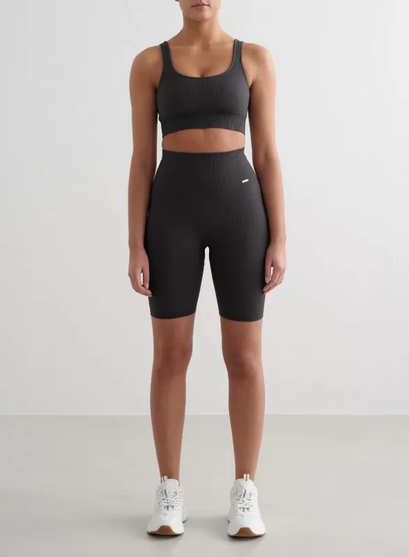 Shadow Grey Ribbed Seamless Biker Shorts & Bra Set sold by Aimn