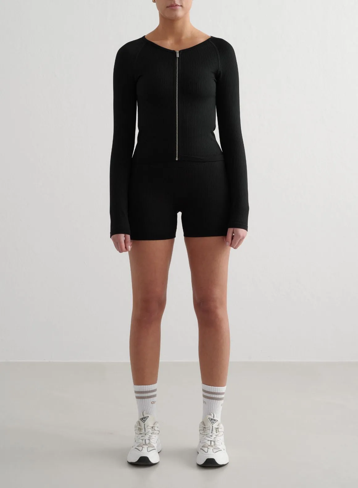 Black Ribbed Seamless Midi Biker Shorts & Zip Jacket Set sold by Aimn