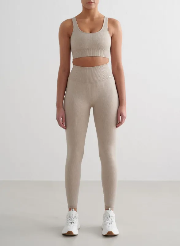 Beige Melange Ribbed Seamless Tights & Bra Set sold by Aimn