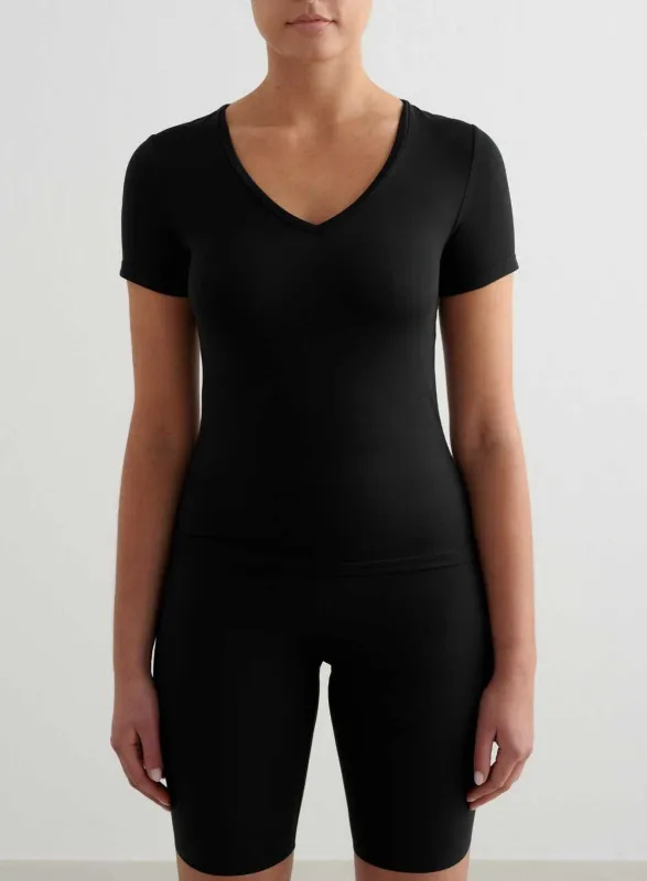 Black Soft Basic V-neck Short Sleeve sold by Aimn