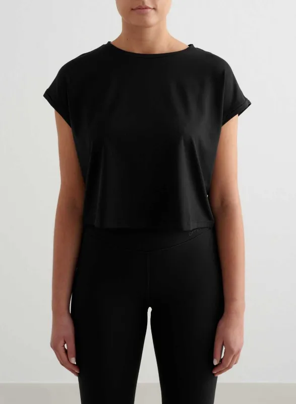 Black Soft Basic Roll Sleeve Top sold by Aimn