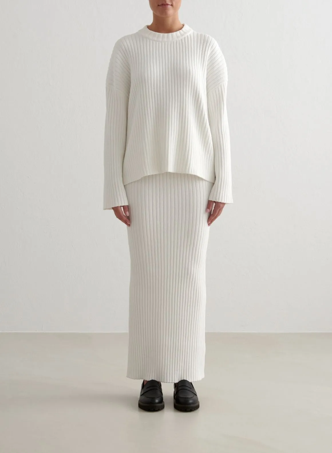 Almond White Rib Knit Sweater & Skirt Set sold by Aimn