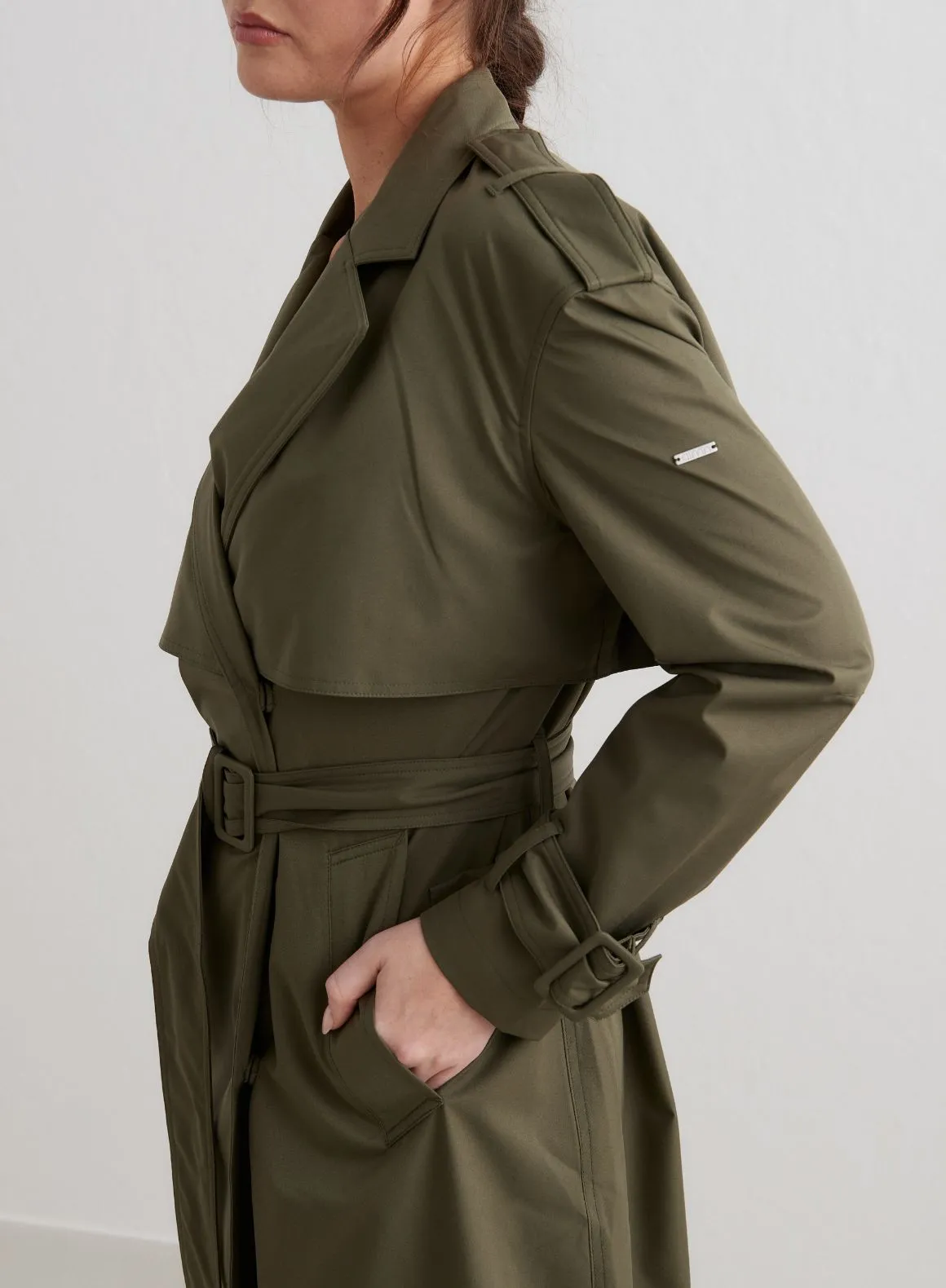 Khaki Recycled Tech Trench Coat sold by Aimn