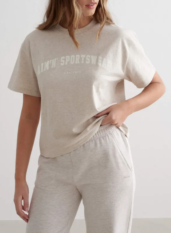 Beige Melange Varsity Boxy T-shirt sold by Aimn