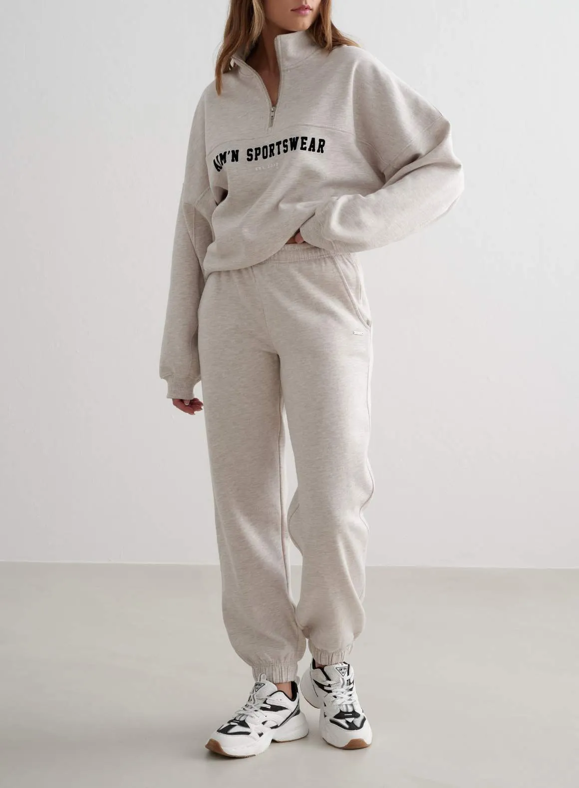 Beige Melange Varsity Sweat Half Zip sold by Aimn product image thumbnail 3