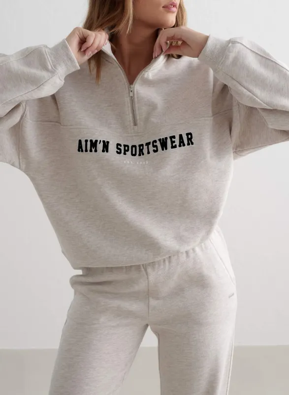 Beige Melange Varsity Sweat Half Zip sold by Aimn