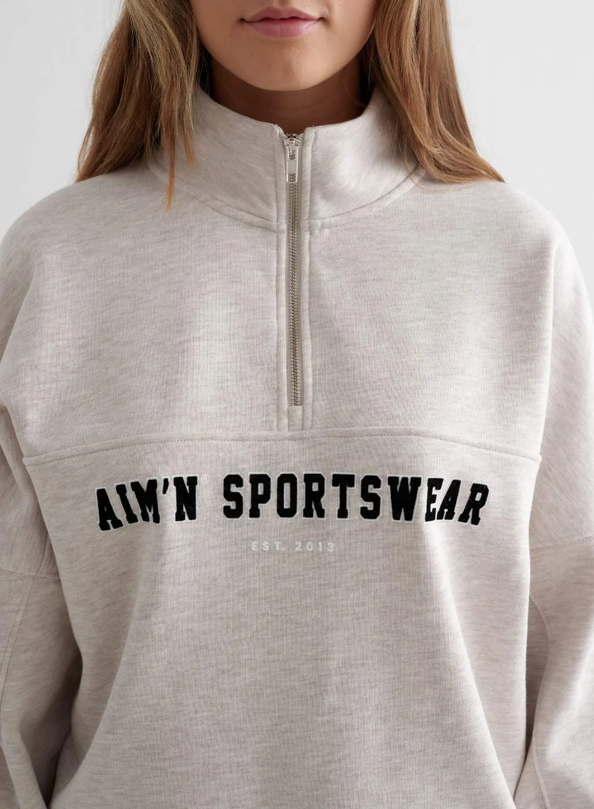 Beige Melange Varsity Sweat Half Zip sold by Aimn product image thumbnail 5