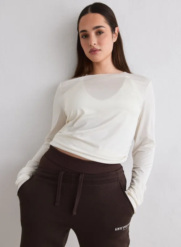 Off White Luminous Draped Long Sleeve made by Aimn