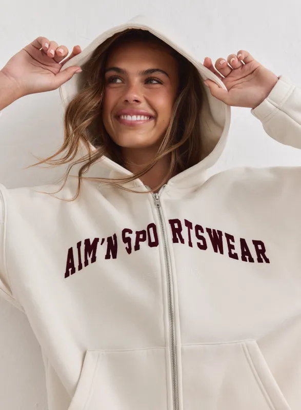 Cream Varsity Sweat Zip Hood made by Aimn
