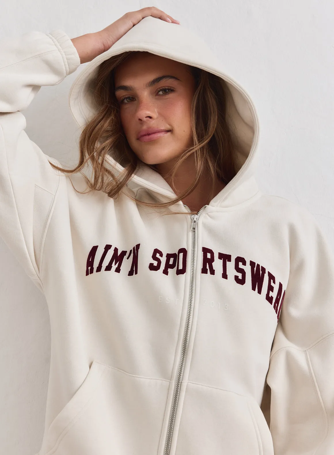 Cream Varsity Sweat Zip Hood sold by Aimn product image thumbnail 3