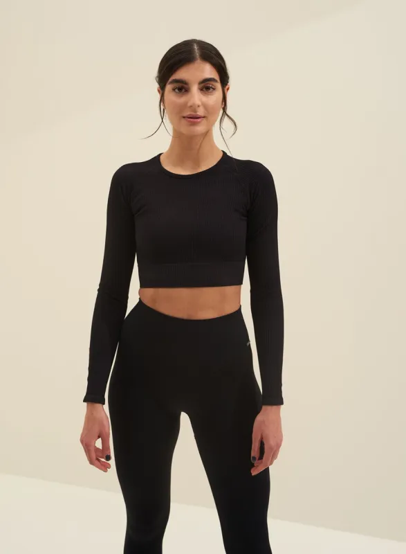 Black Ribbed Seamless Crop Long Sleeve made by Aimn