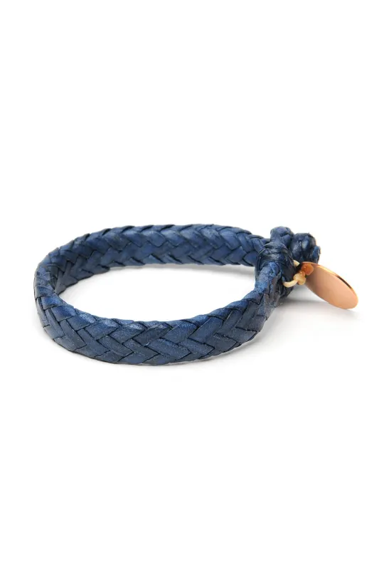 Wide Flat Weaved Leather Bracelet  - Blue 1 made by Chamula