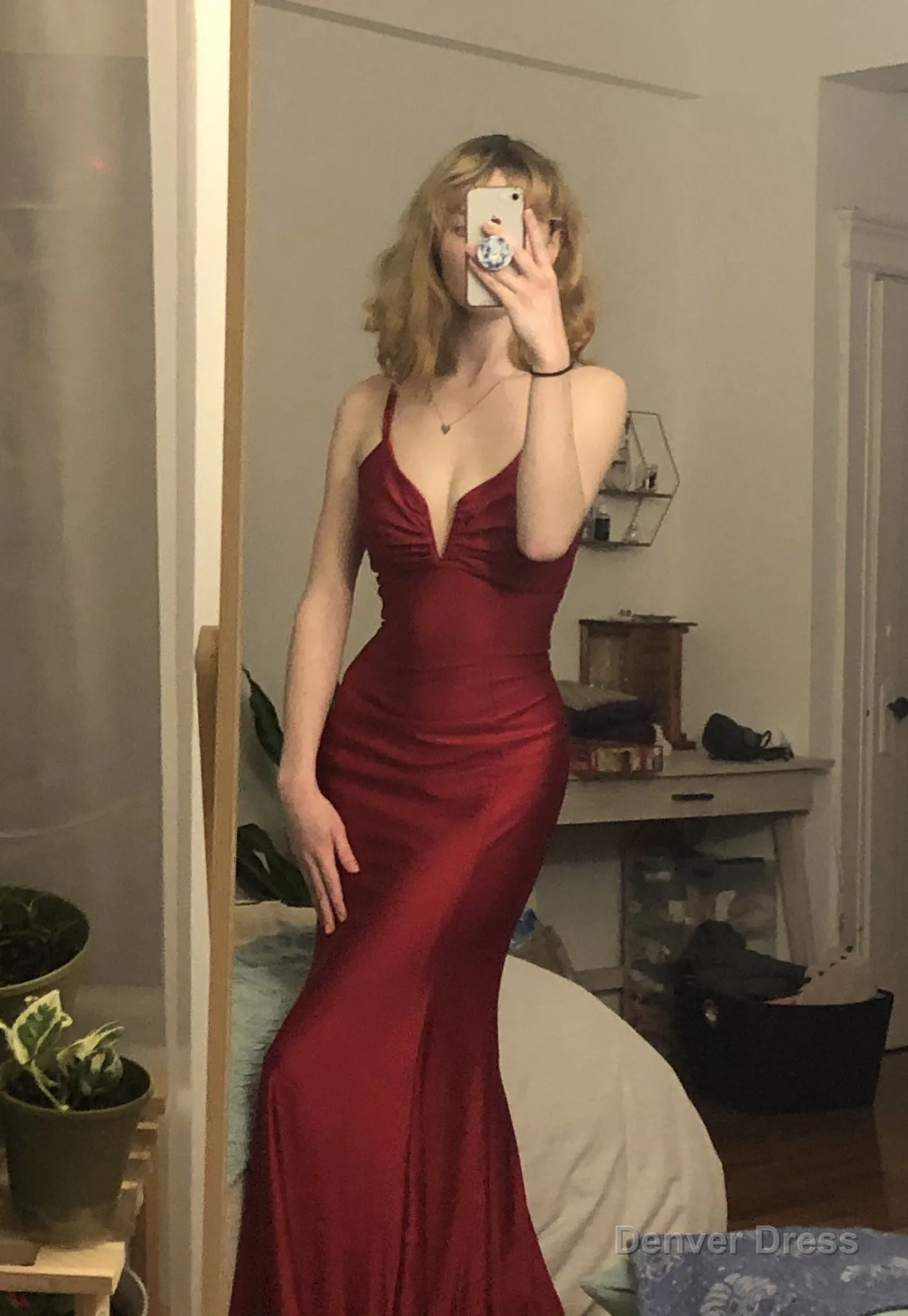 Burgundy mermaid long prom evening dress sold by Denver Dress