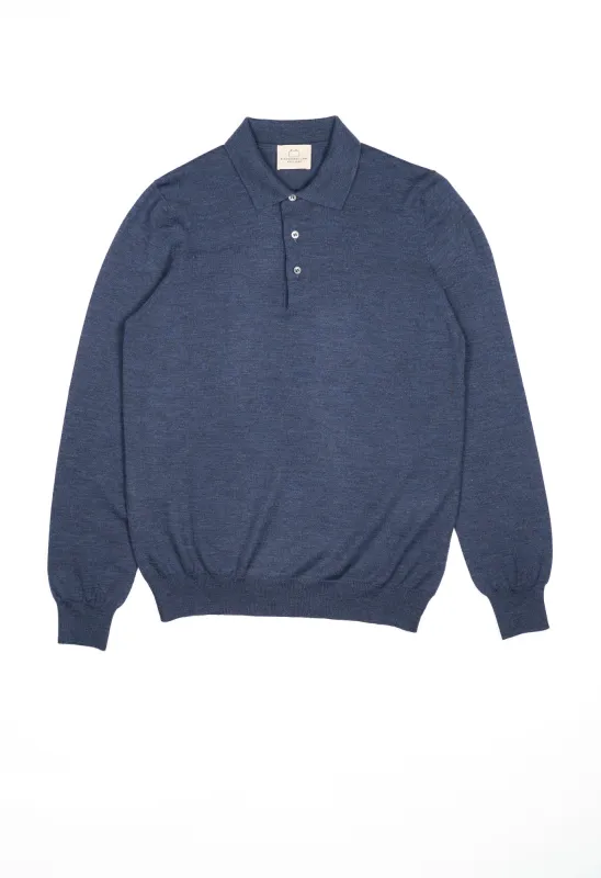 Men's Extra Fine Merino Wool Long Sleeve Polo Blue made by Gran Sasso