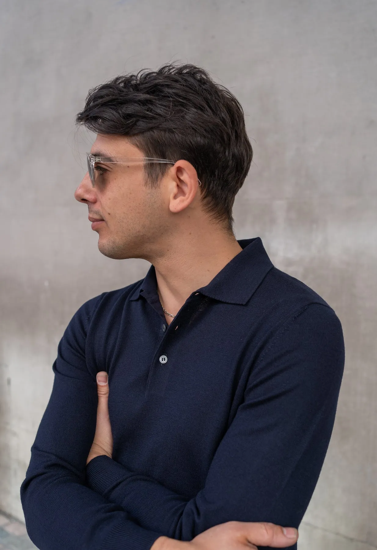 Men's Extra Fine Merino Wool Long Sleeve Polo Navy sold by Blackhorse Lane Ateliers product image thumbnail 4