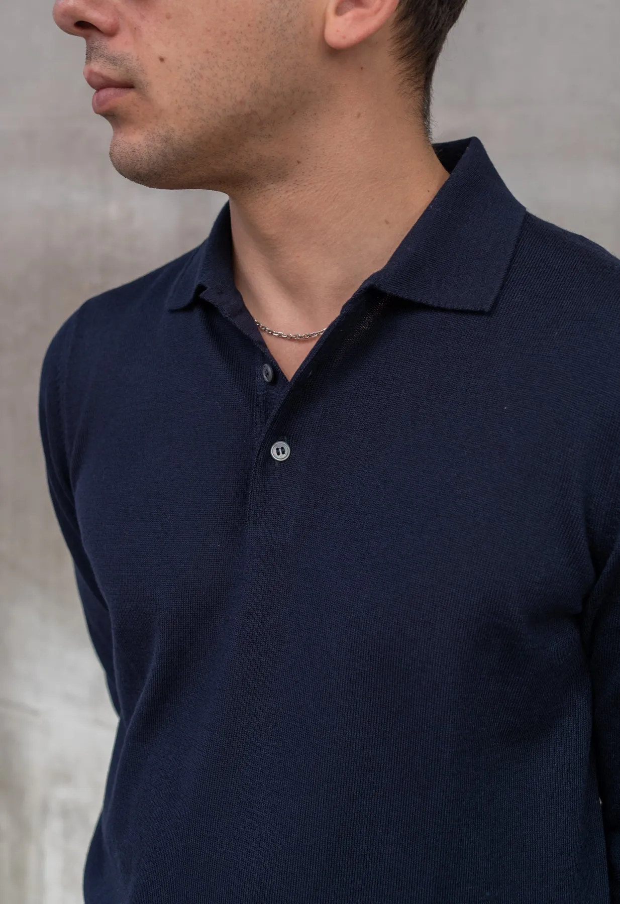 Men's Extra Fine Merino Wool Long Sleeve Polo Navy sold by Blackhorse Lane Ateliers product image thumbnail 5