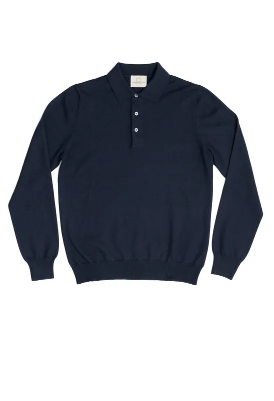 Men's Extra Fine Merino Wool Long Sleeve Polo Navy made by Gran Sasso