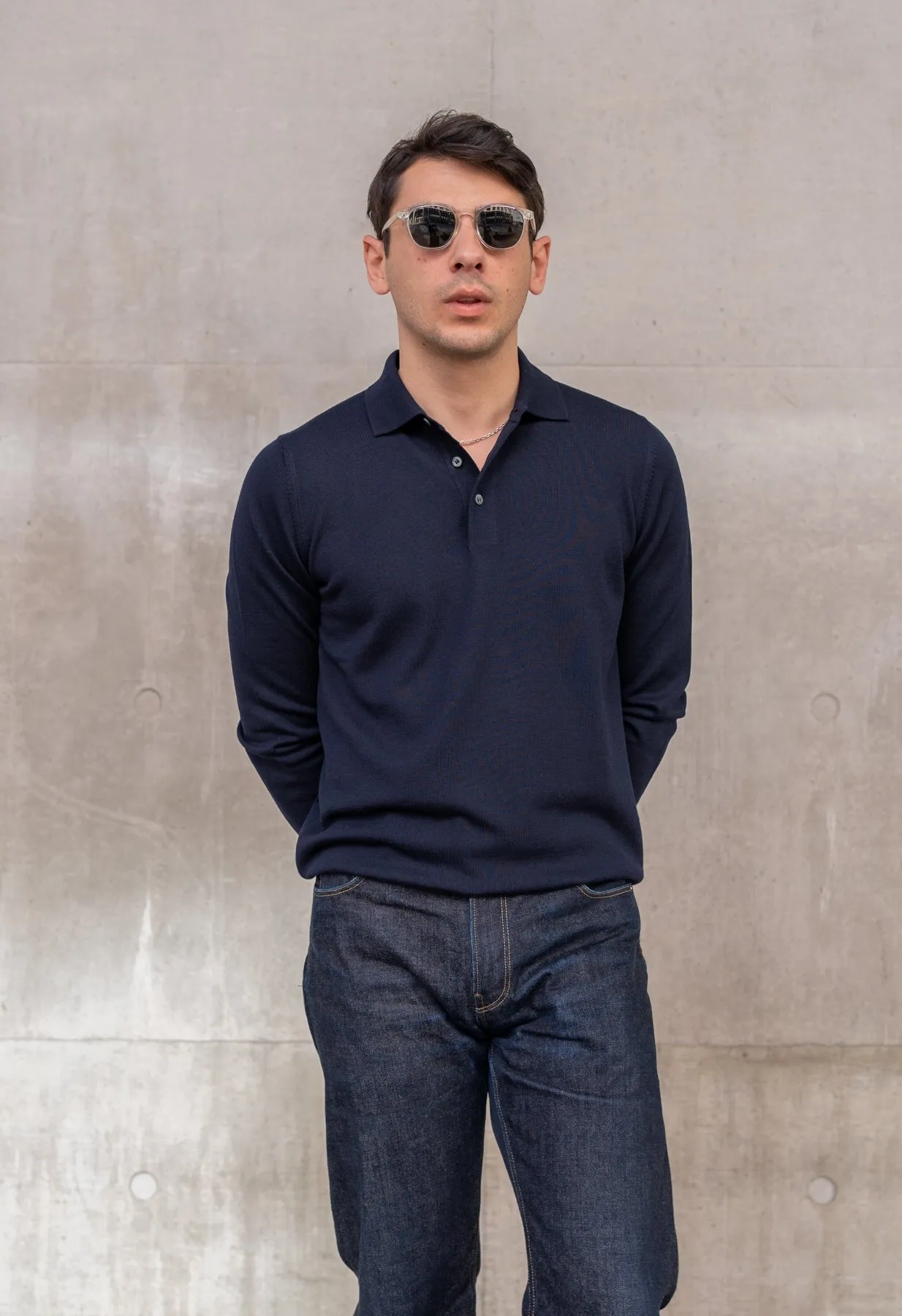 Men's Extra Fine Merino Wool Long Sleeve Polo Navy sold by Blackhorse Lane Ateliers product image thumbnail 2