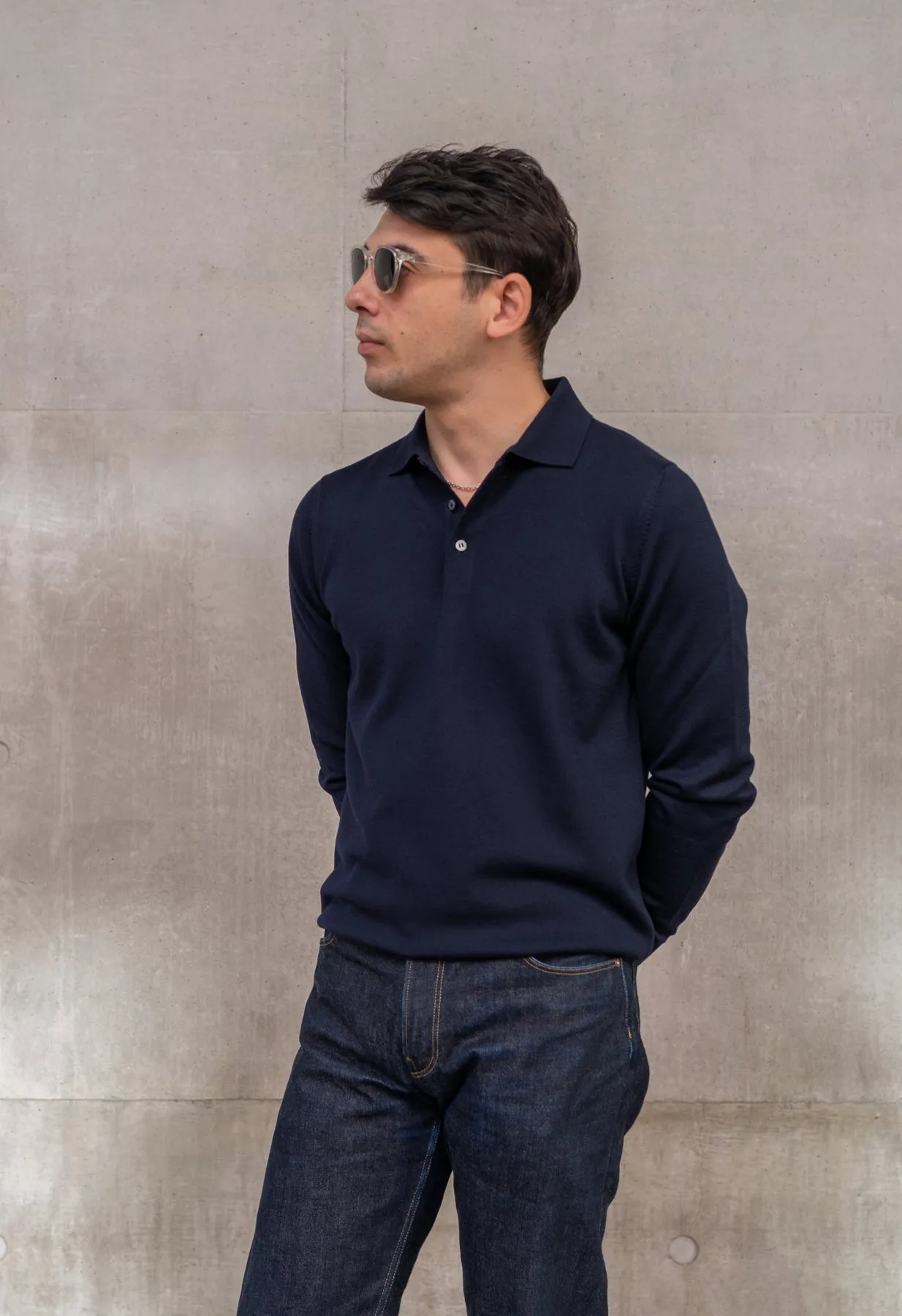 Men's Extra Fine Merino Wool Long Sleeve Polo Navy sold by Blackhorse Lane Ateliers product image thumbnail 3