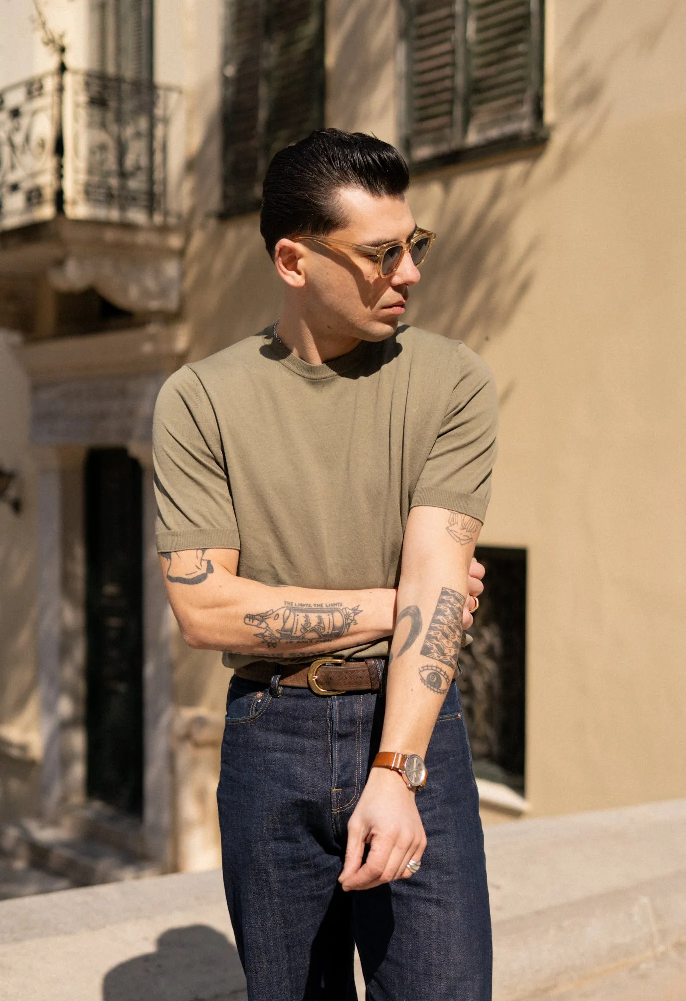 Men's Cotton Knitted Crew Neck T-Shirt Olive sold by Blackhorse Lane Ateliers product image thumbnail 2