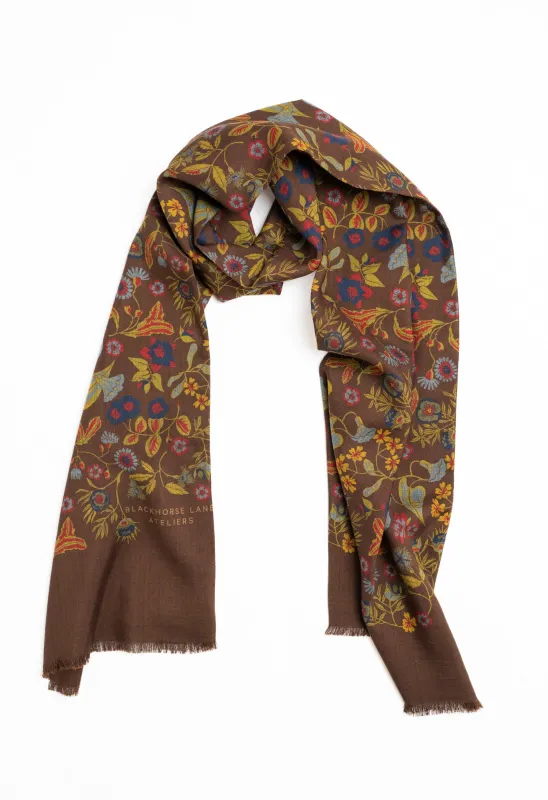 Brown Floral Wool Silk Scarf made by Blackhorse Lane Ateliers
