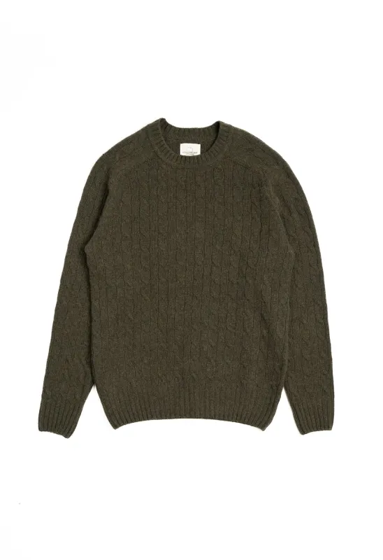LAMBSWOOL CABLE KNIT CREW NECK JUMPER OLIVE made by Blackhorse Lane Ateliers