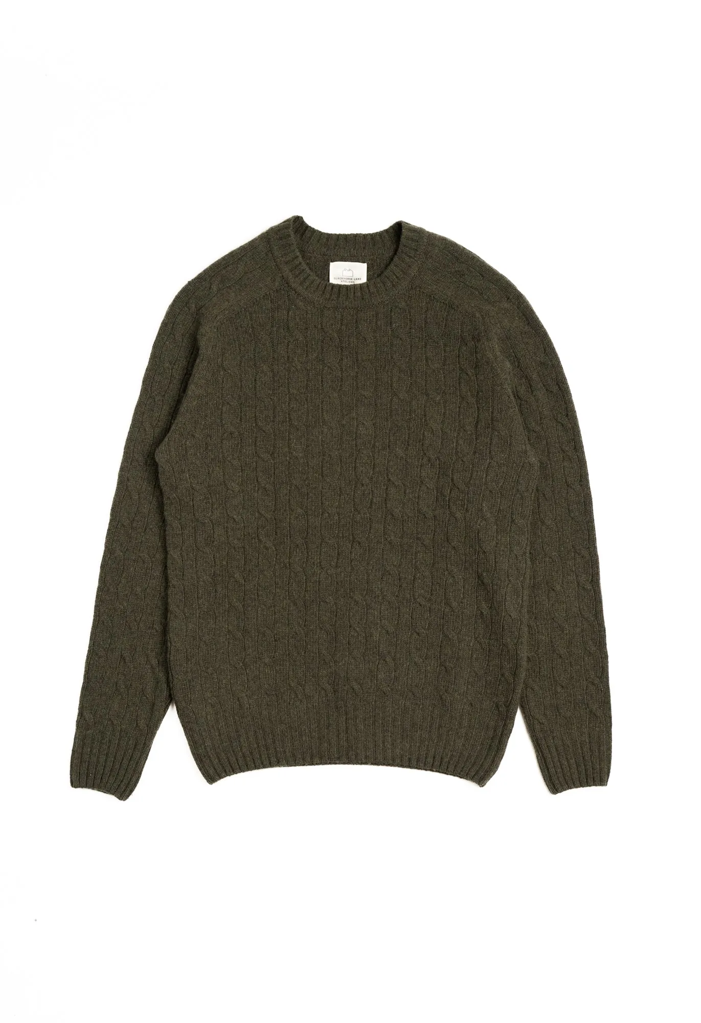 LAMBSWOOL CABLE KNIT CREW NECK JUMPER OLIVE sold by Blackhorse Lane Ateliers