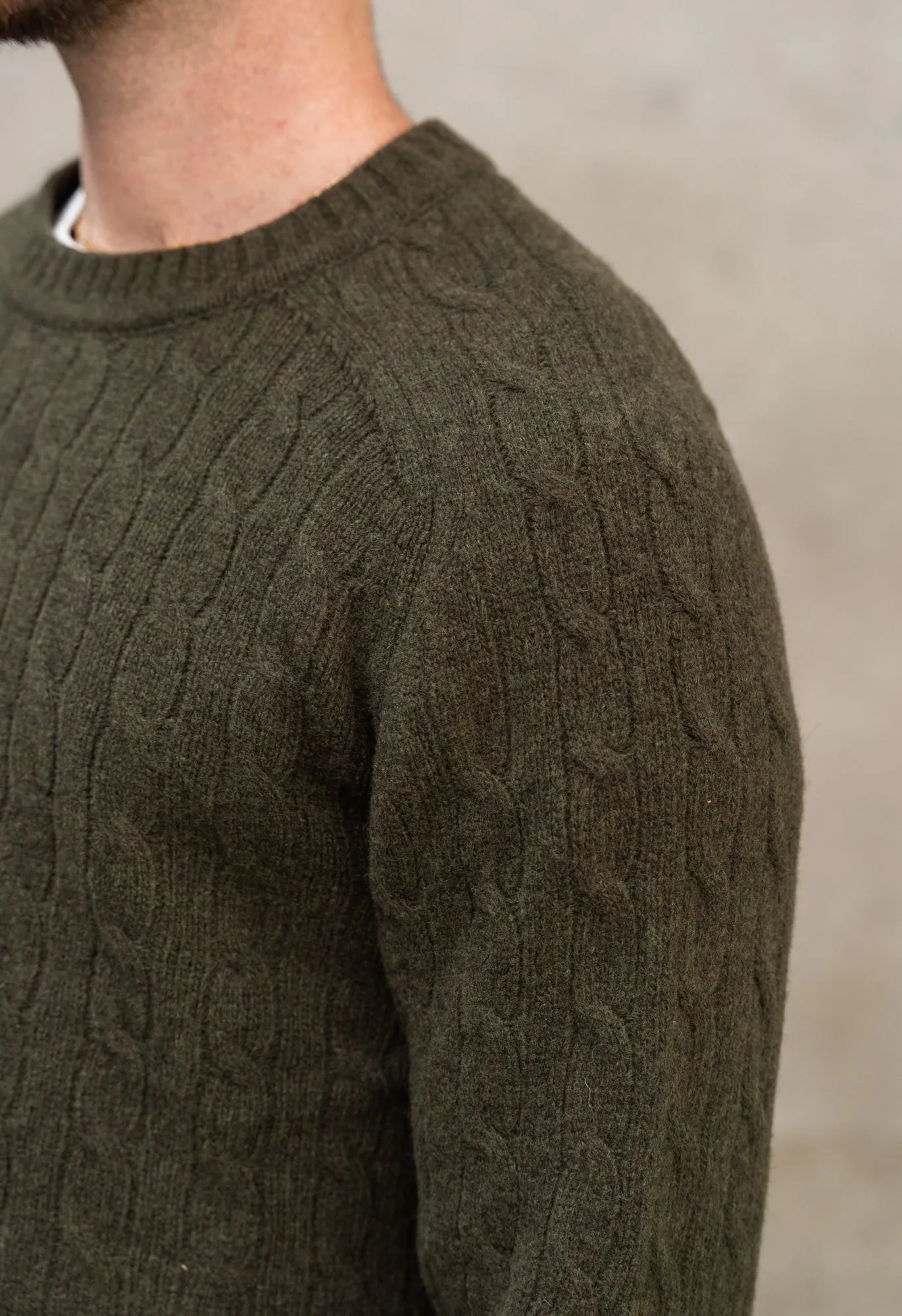 LAMBSWOOL CABLE KNIT CREW NECK JUMPER OLIVE sold by Blackhorse Lane Ateliers product image thumbnail 5