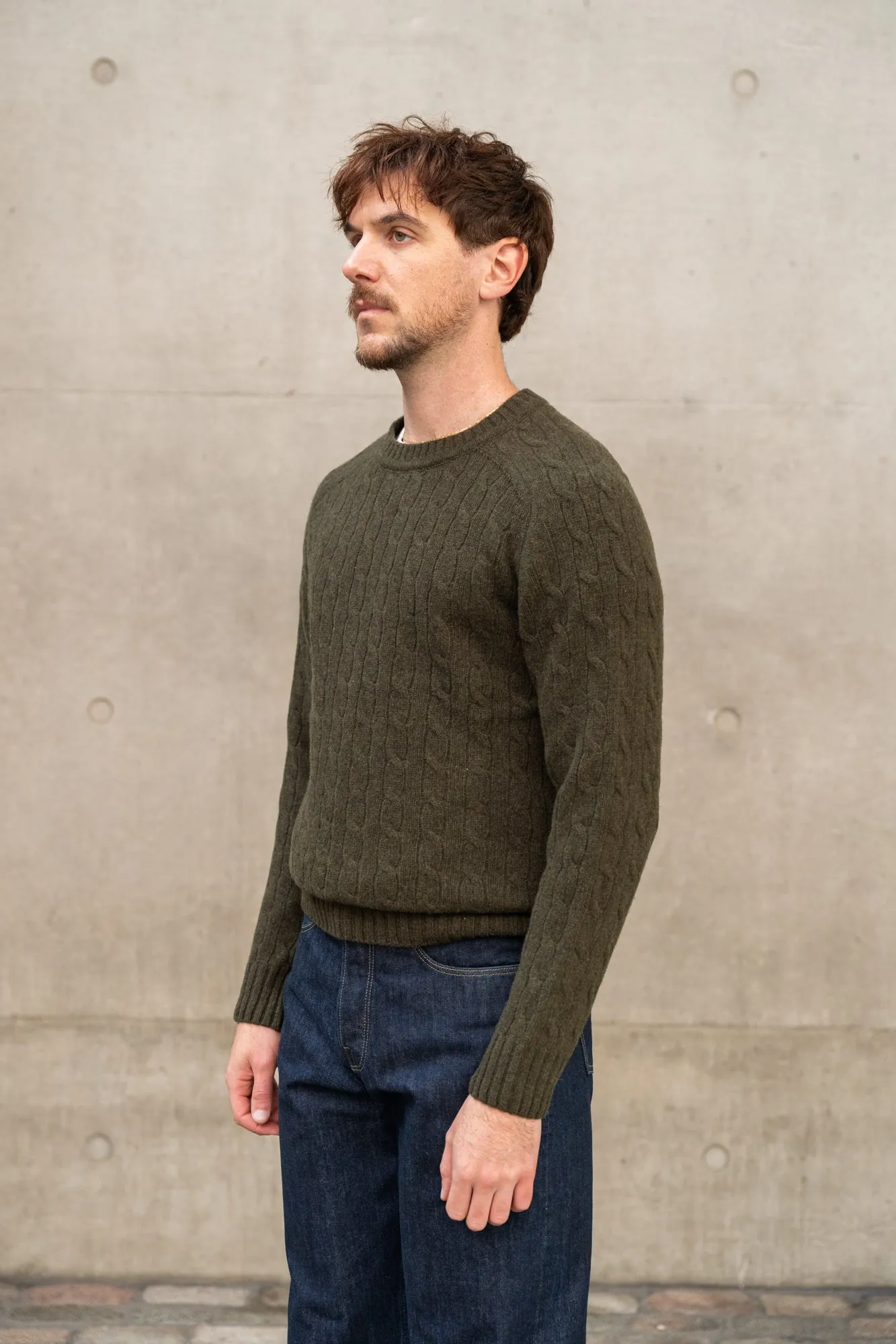 LAMBSWOOL CABLE KNIT CREW NECK JUMPER OLIVE sold by Blackhorse Lane Ateliers product image thumbnail 3