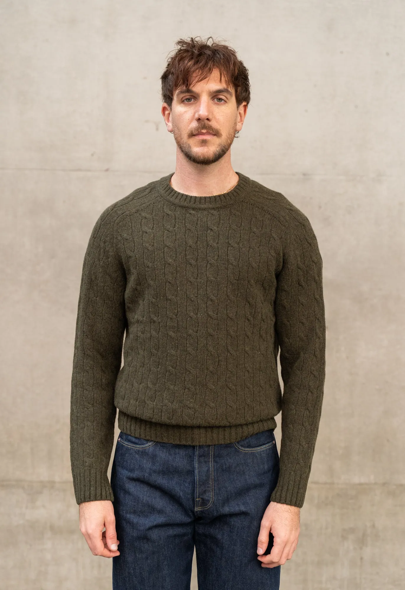 LAMBSWOOL CABLE KNIT CREW NECK JUMPER OLIVE sold by Blackhorse Lane Ateliers product image thumbnail 2