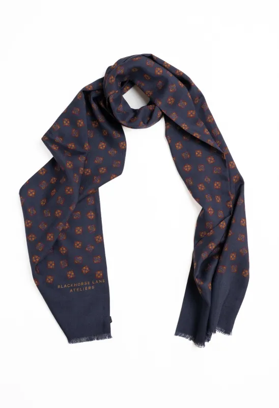 Navy Geometric Motif Wool Silk Scarf made by Blackhorse Lane Ateliers