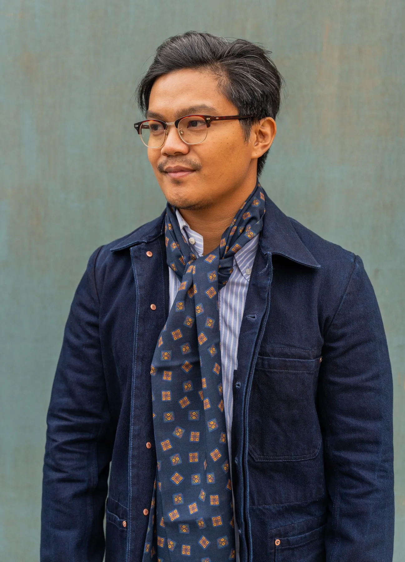 Navy Geometric Motif Wool Silk Scarf sold by Blackhorse Lane Ateliers product image thumbnail 2