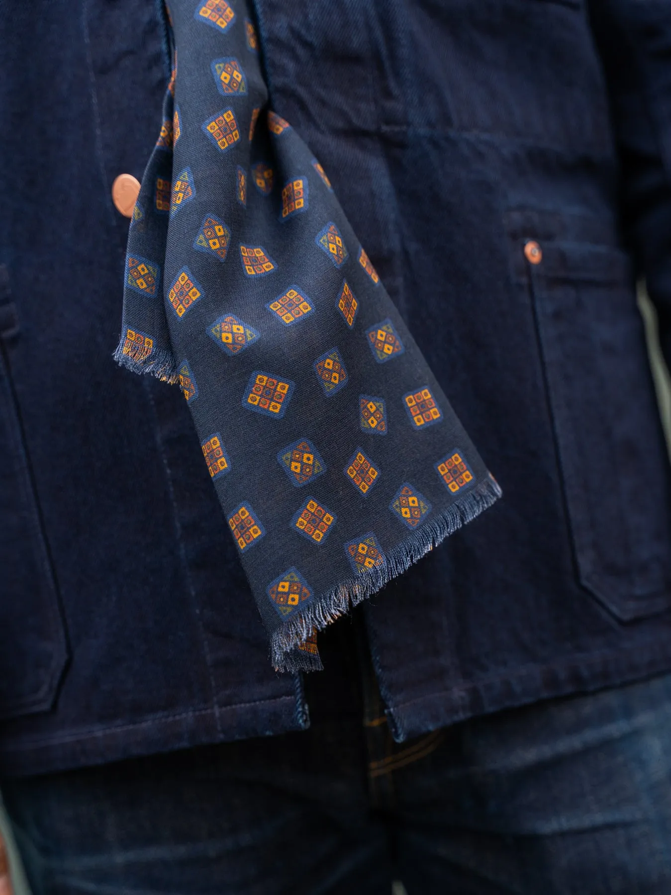 Navy Geometric Motif Wool Silk Scarf sold by Blackhorse Lane Ateliers product image thumbnail 4