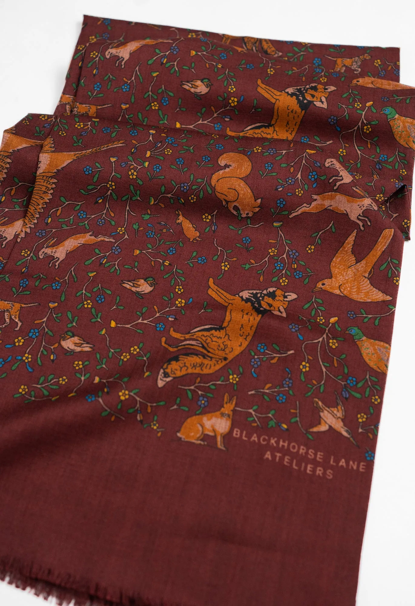 Burgundy Woodland Foxes Wool Silk Scarf sold by Blackhorse Lane Ateliers product image thumbnail 4