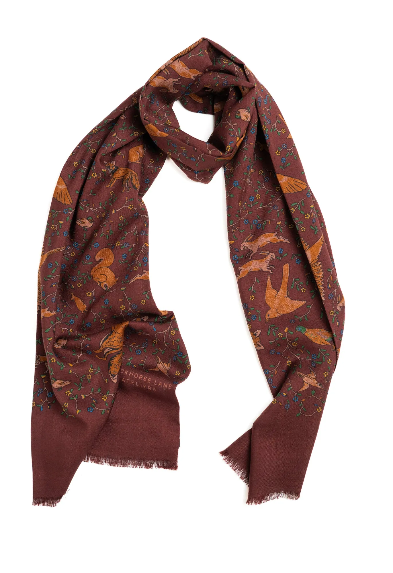 Burgundy Woodland Foxes Wool Silk Scarf sold by Blackhorse Lane Ateliers