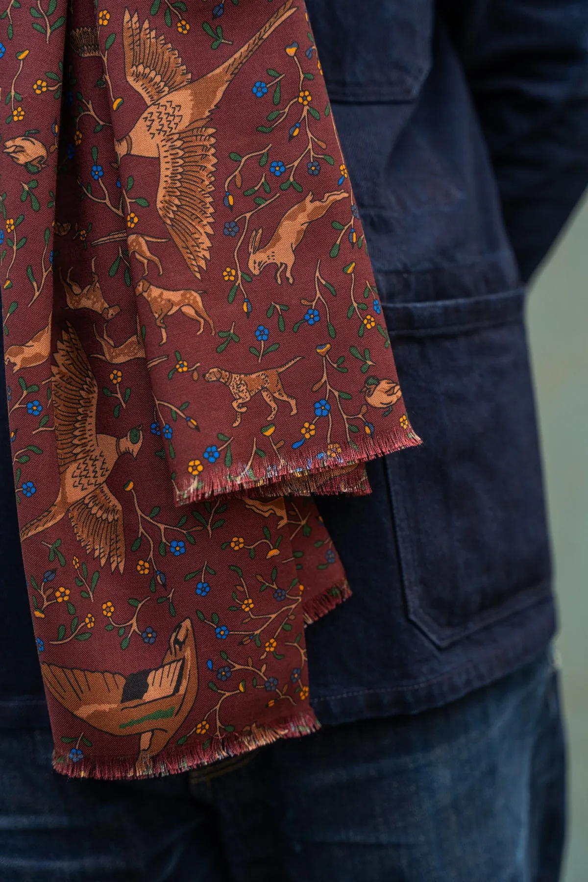Burgundy Woodland Foxes Wool Silk Scarf sold by Blackhorse Lane Ateliers product image thumbnail 3
