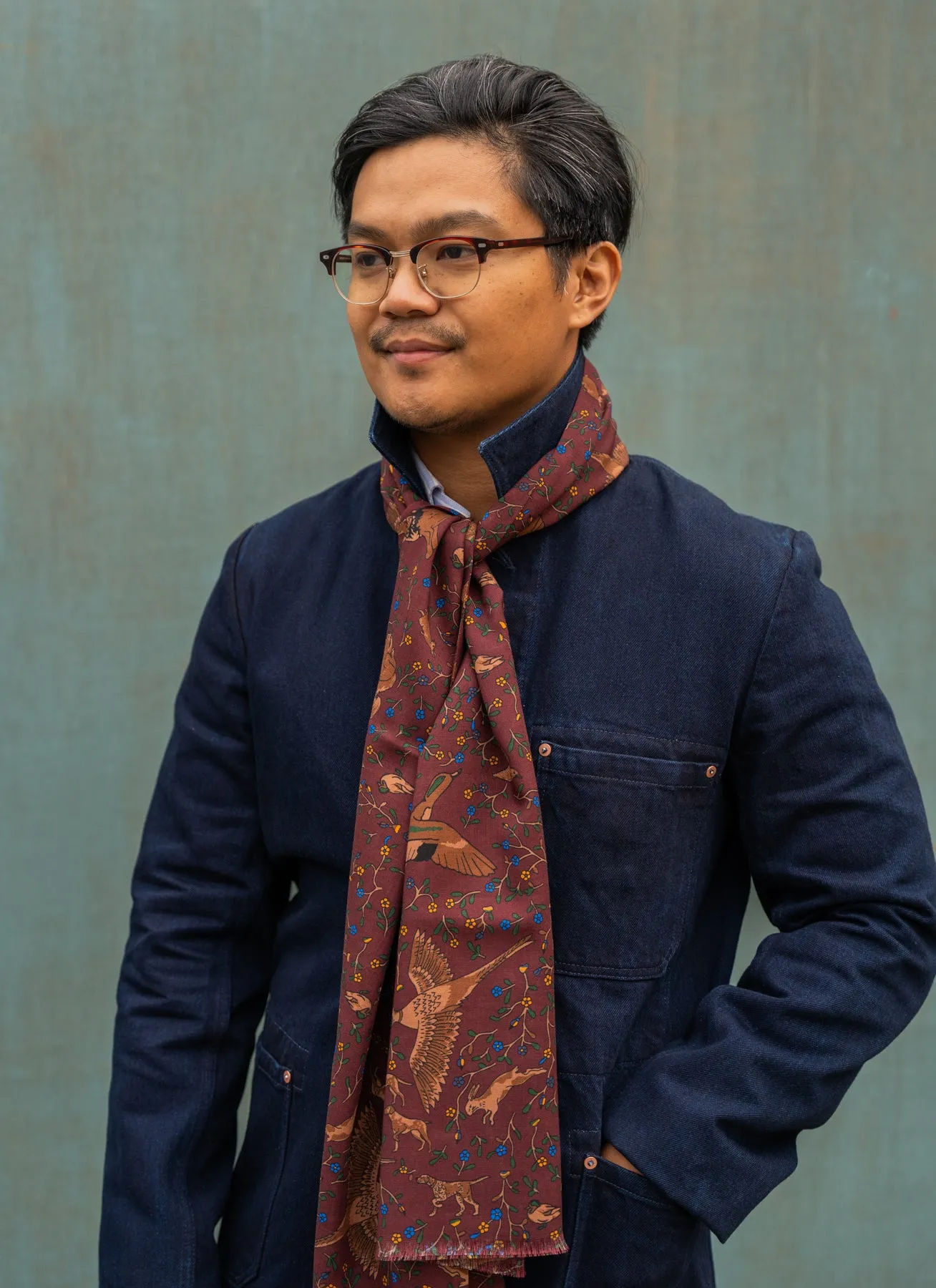 Burgundy Woodland Foxes Wool Silk Scarf sold by Blackhorse Lane Ateliers product image thumbnail 2