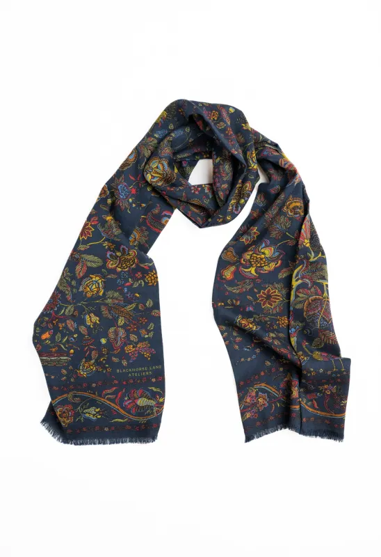 Navy Peacock and Floral Wool Silk Scarf made by Blackhorse Lane Ateliers