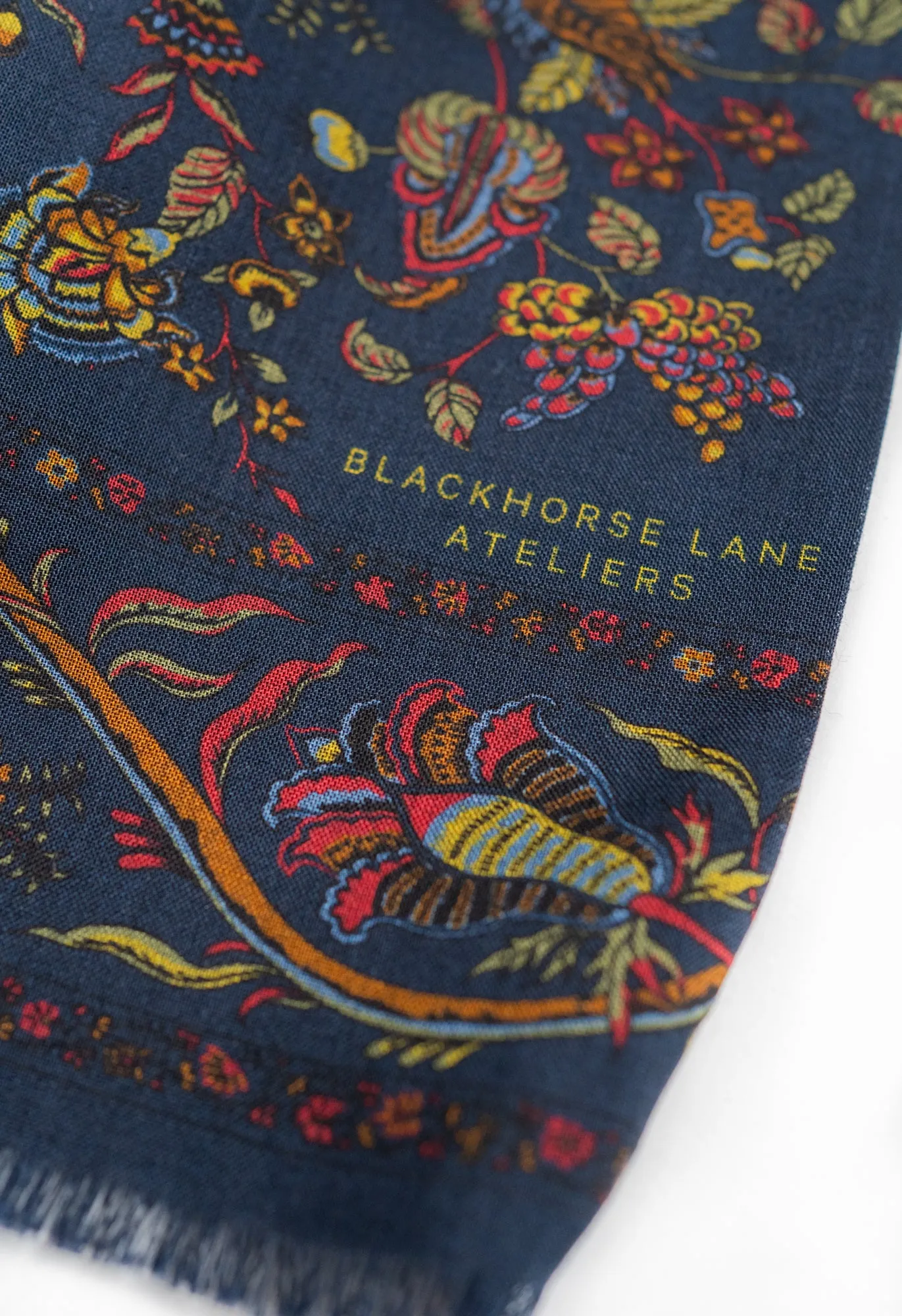 Navy Peacock and Floral Wool Silk Scarf sold by Blackhorse Lane Ateliers product image thumbnail 2