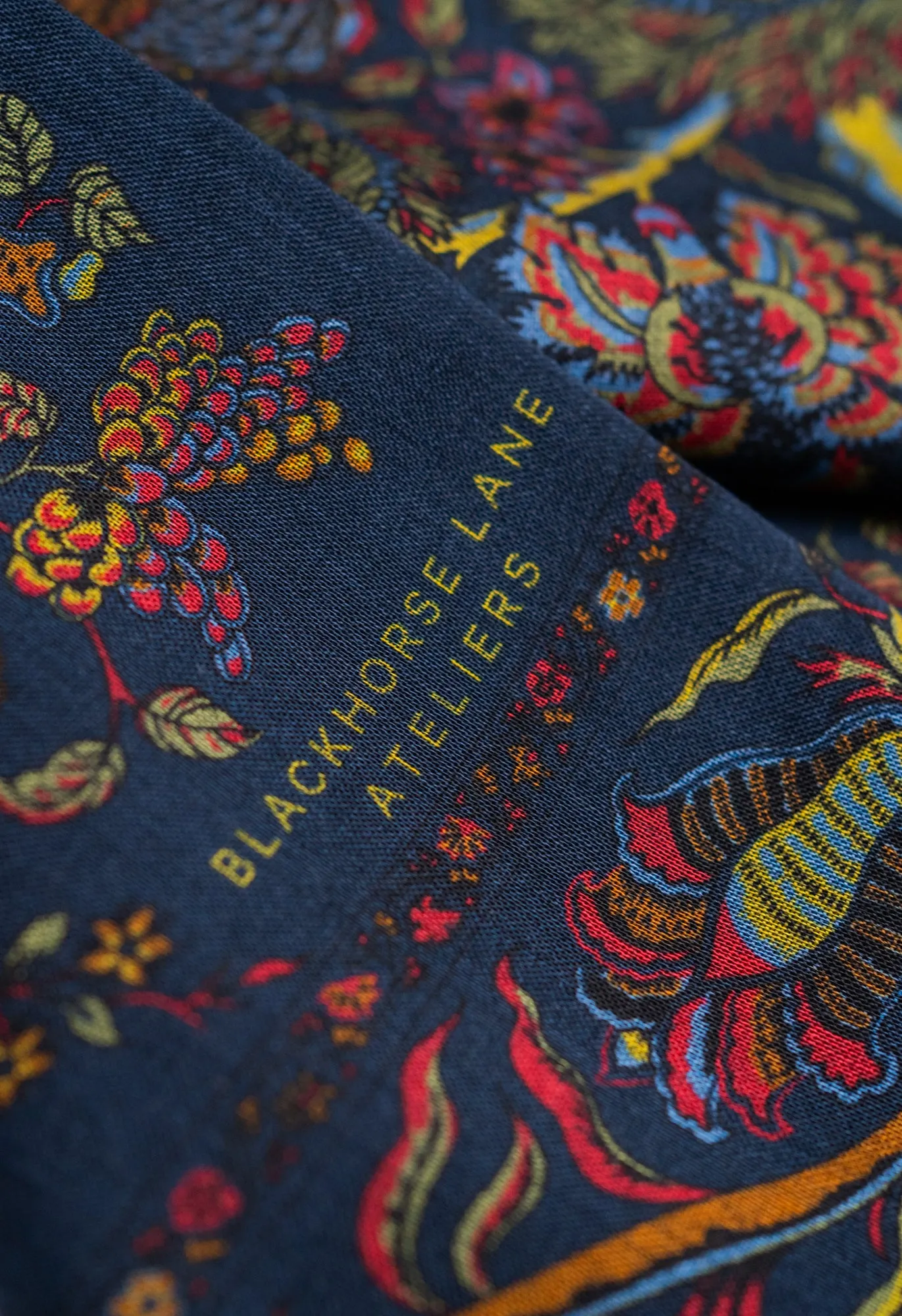 Navy Peacock and Floral Wool Silk Scarf sold by Blackhorse Lane Ateliers product image thumbnail 4