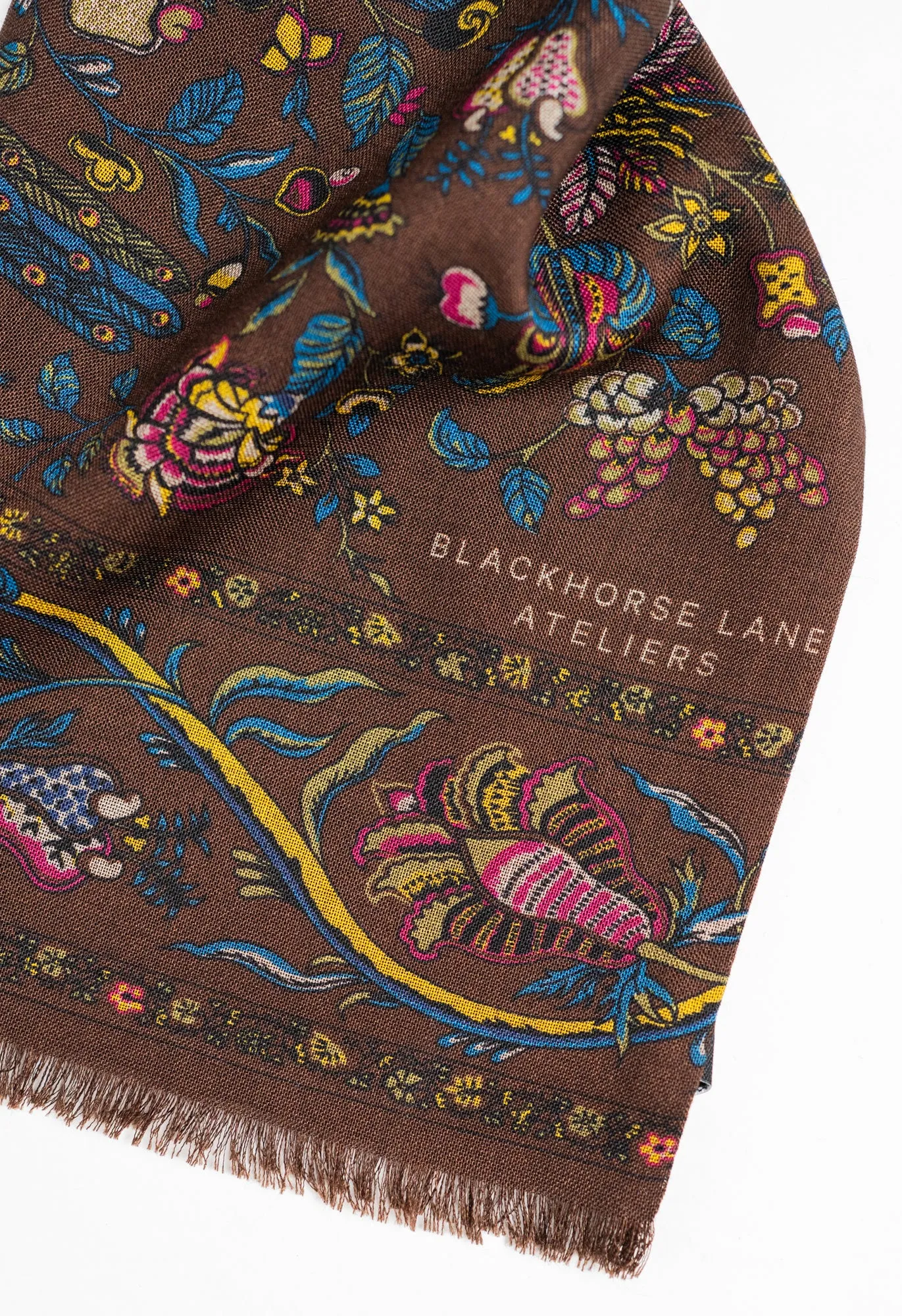 Brown Peacock and Floral Wool Silk Scarf sold by Blackhorse Lane Ateliers product image thumbnail 3