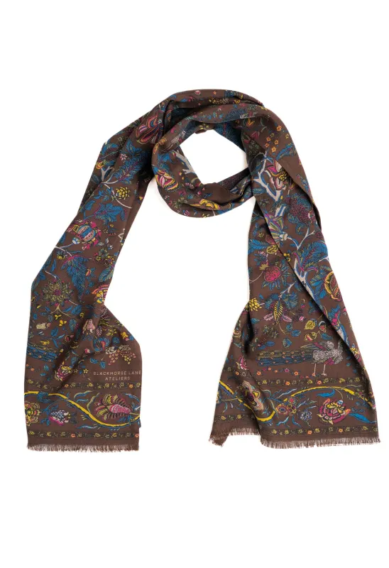 Brown Peacock and Floral Wool Silk Scarf made by Blackhorse Lane Ateliers