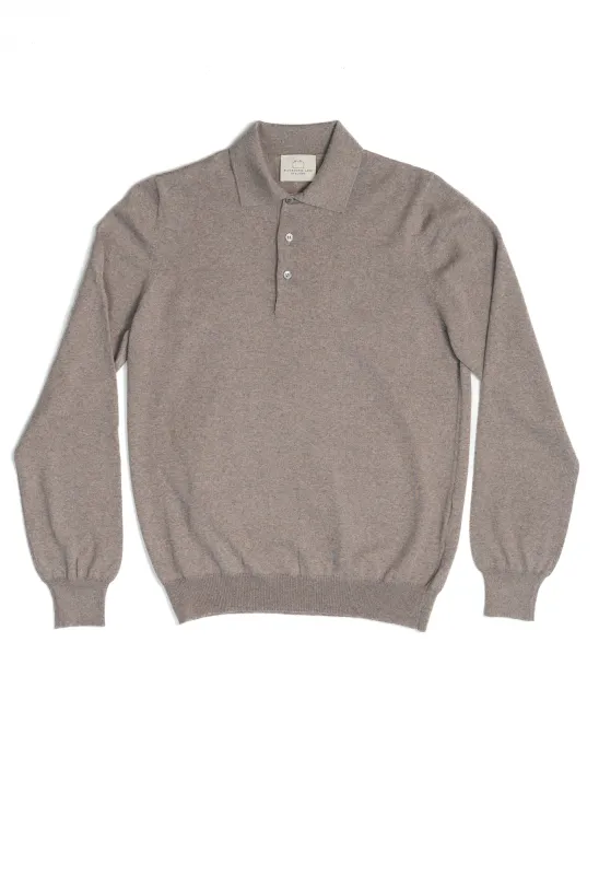 Men's Extra Fine Merino Wool Long Sleeve Polo Stone made by Gran Sasso