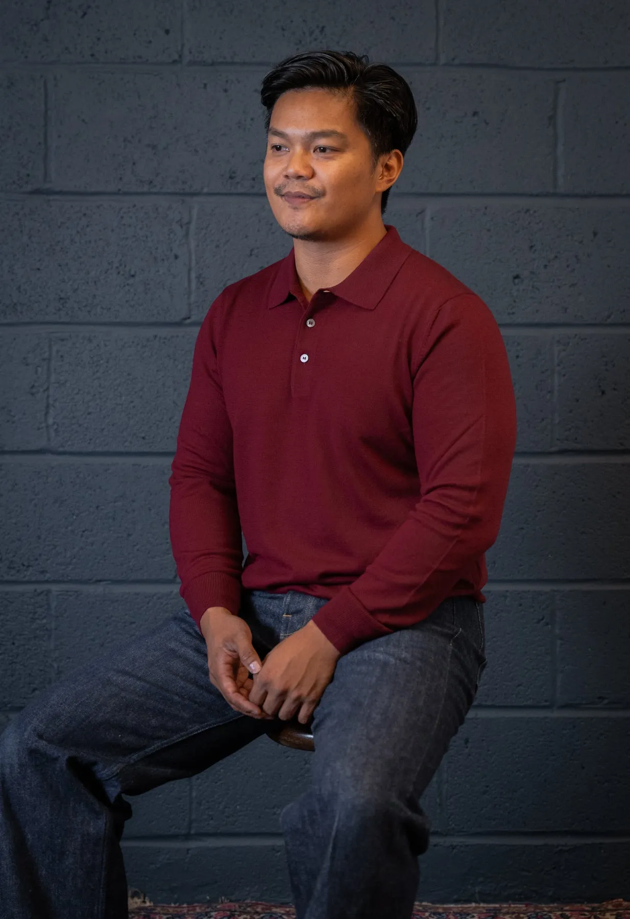 Men's Extra Fine Merino Wool Long Sleeve Polo Burgundy sold by Blackhorse Lane Ateliers product image thumbnail 3